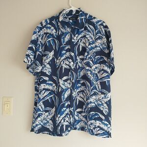 Nautica Shirt Mens L Blue Floral LinenBlend ShortSleeve Button Up Hawaiian Aloha
